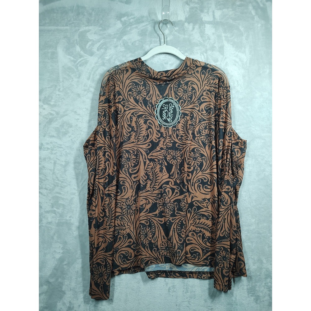 Sterling Kreek Womens 3X Brown Black Tooled Paisley Mesh Mock Neck Top Long Slee